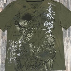 🔥☠️ Y2K AFFLICTION All Over Print V-Neck Graffic T-Shirt - RARE Samurai Print
